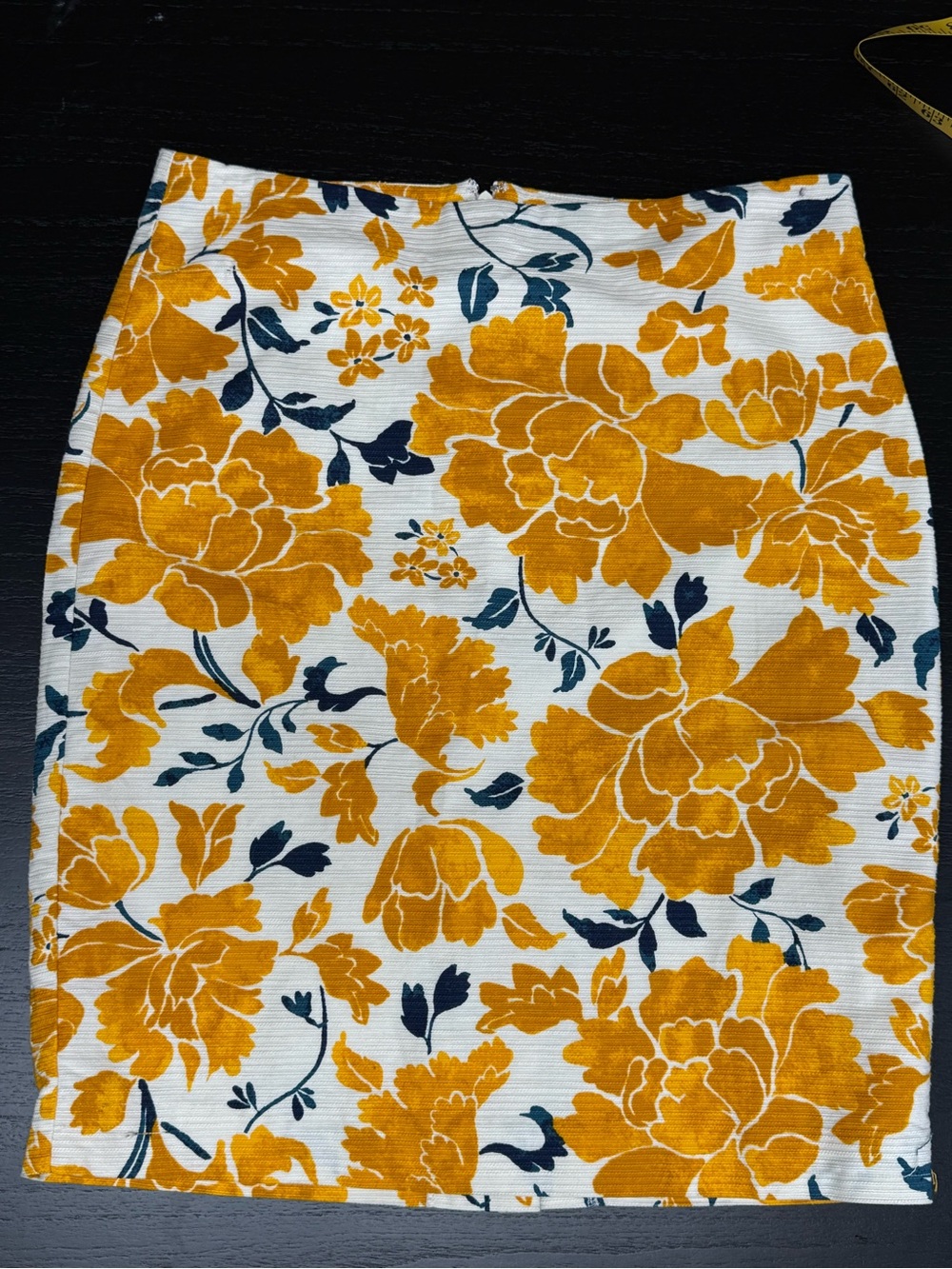 Ann Taylor Factory Cotton Pencil Skirt with Dark Yellow and Navy Floral Print